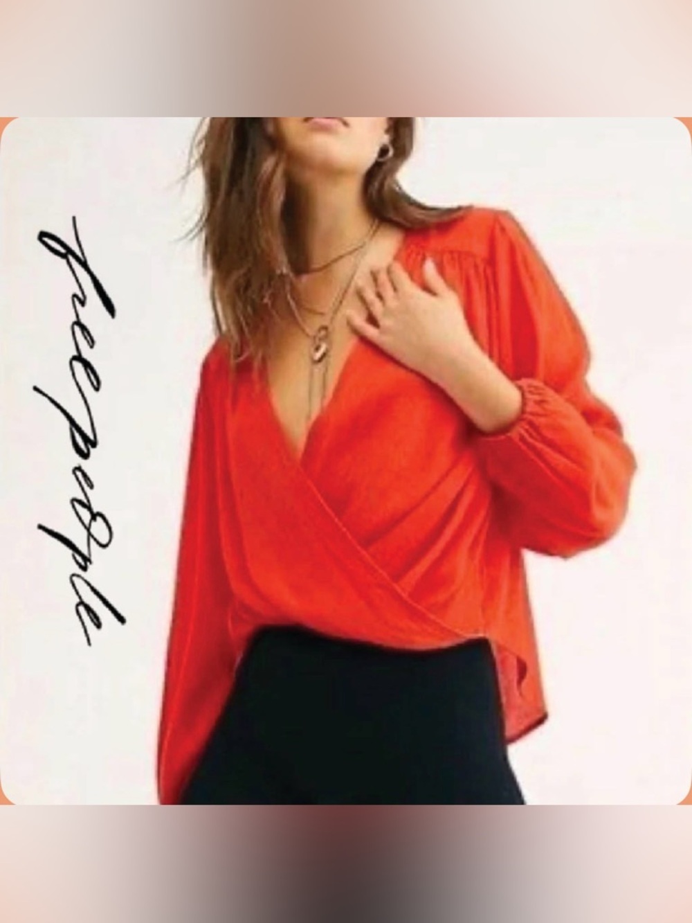 3 for 50 Free People Vibrant Red-Orange Wrap Blouse - Deep V-Neck